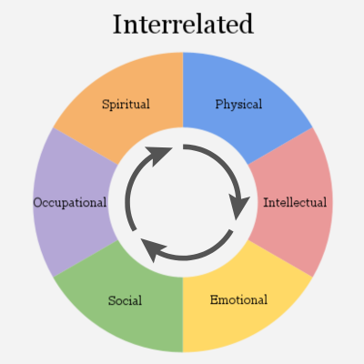 donut chart of six interrelated wellness dimensions