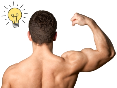 muscular man flexing bicep with lightbulb above head